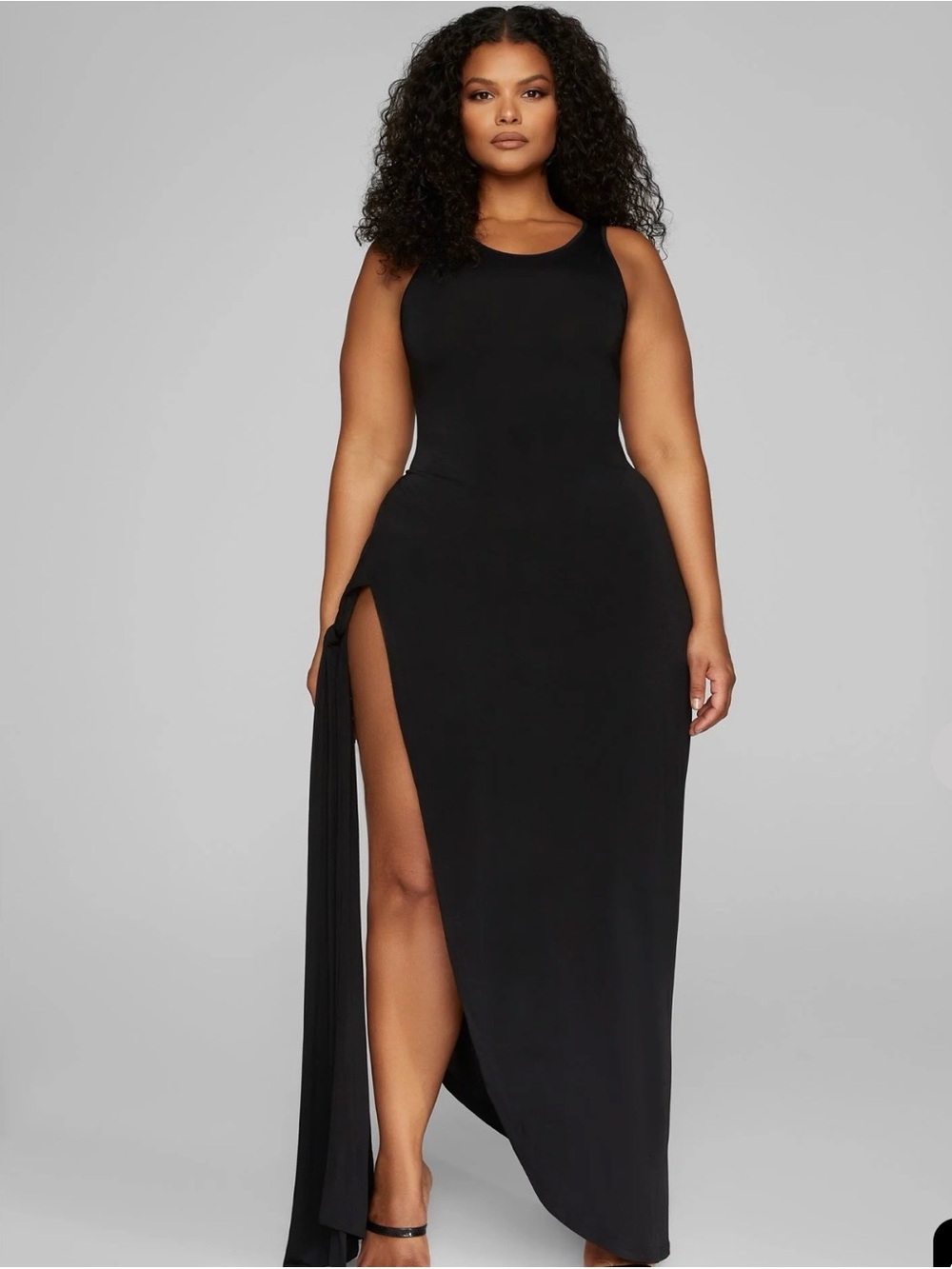Fashion to Figure Black Sleeveless High-Slit High-Low Maxi Dress. (#120)